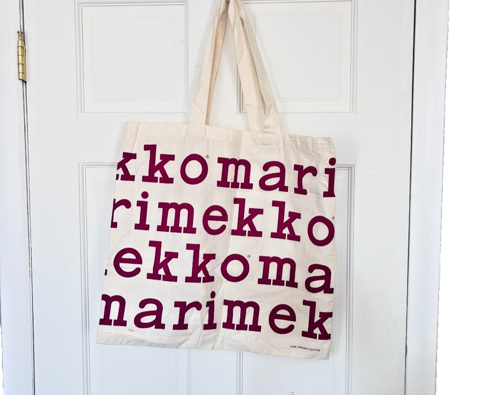 Marimekko Organic Cotton Canvas Tote Bag Cream Plum Magenta Logo Print